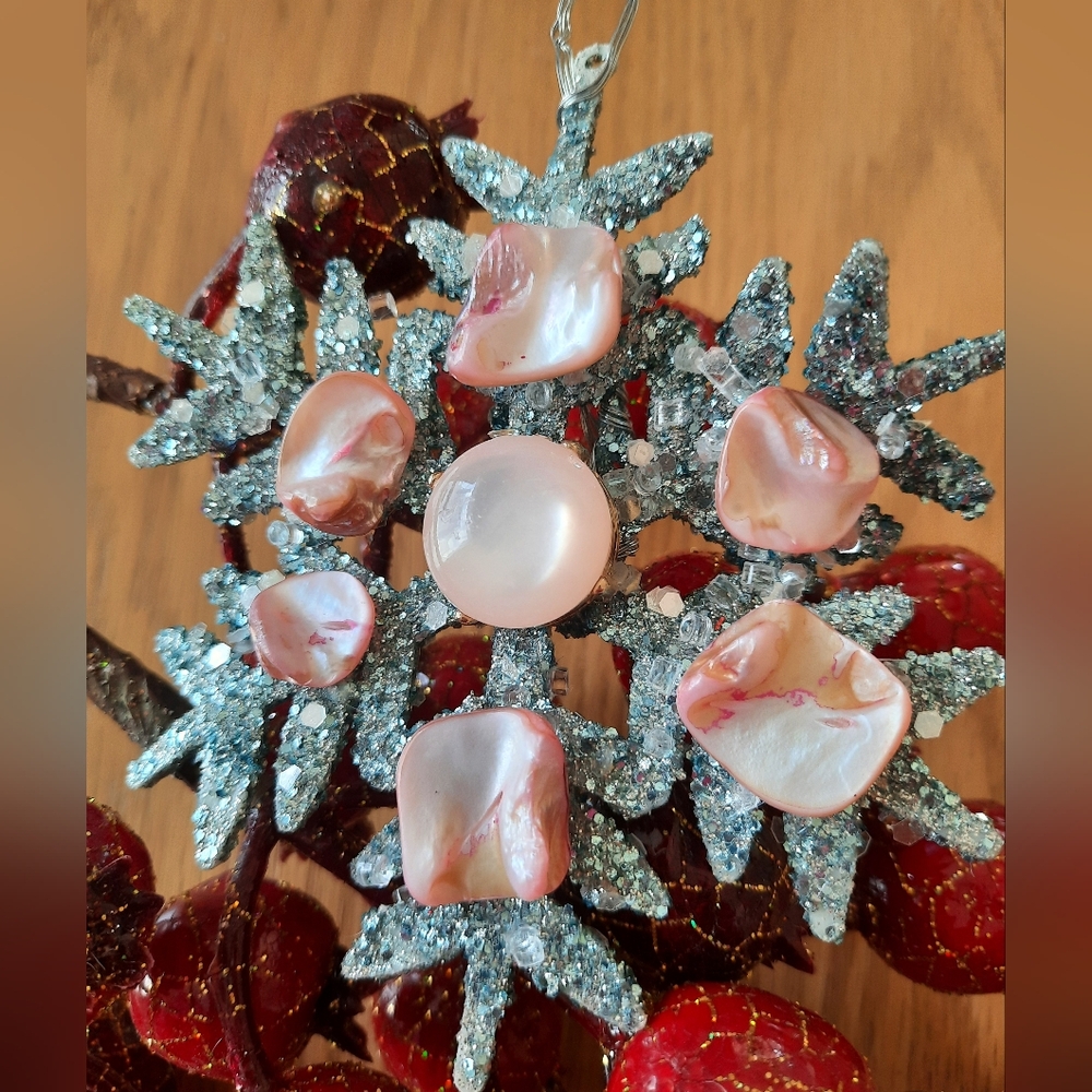 Holliday Snowflake Ornament with mother of pearls pink tone shells chips / Art